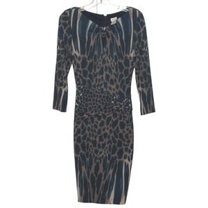 Cache Sheath Dress Animal Print/Stripe Ruched Bodycon Maximalism Brown‎ Blue M